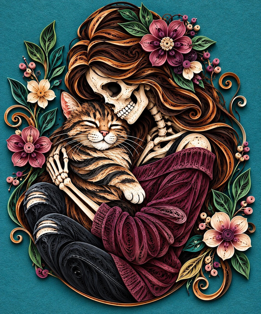 8x10 Framed Skeleton Woman Holding Cat Floral Quilling Art Print
